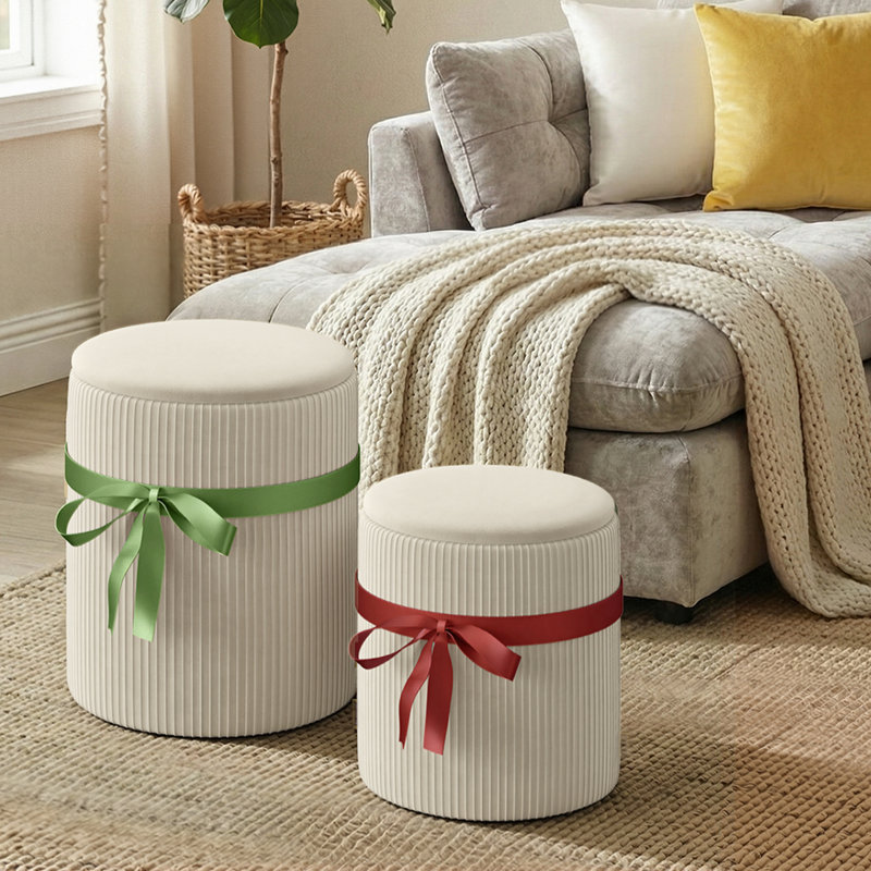Round Ottoman Set Of 2, Velvet Footstool With Lift Top Lid And Hidden Storage For Living Room And Bedroom, White