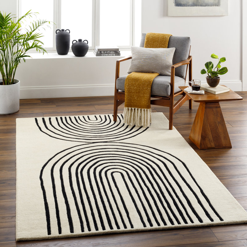 Tapis crème / noir en laine touffeté à la main Azlynn, Rectangle 8 pi x 10 pi