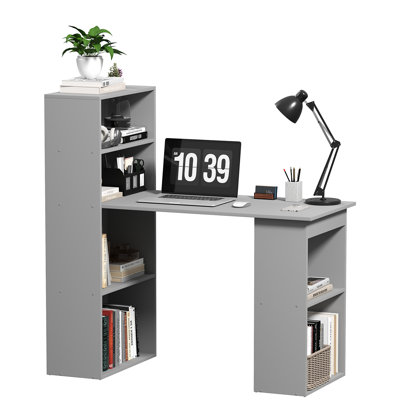 Modern Home Office Desk with 6-Tier Storage Shelves, 47" Writing Desk with Bookshelf, Gray