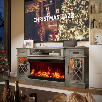 70''W Farmhouse Fireplace TV Stand for TVs up to 80", Electric Fireplace Included