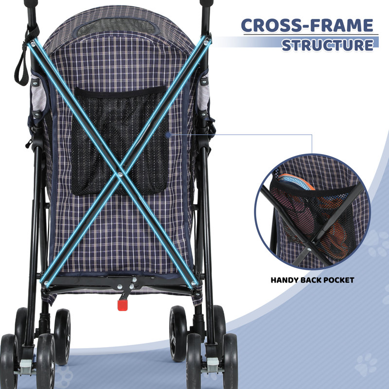 Plaid Steel Frame Foldable Pet Stroller with Rubber Wheels