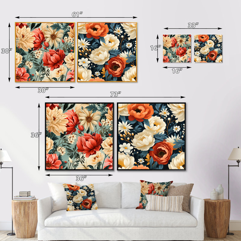 Ensemble de 2 fleurs rétro nostalgie beige et corail, Cadre flottant doré, H 30 po x l 61 po