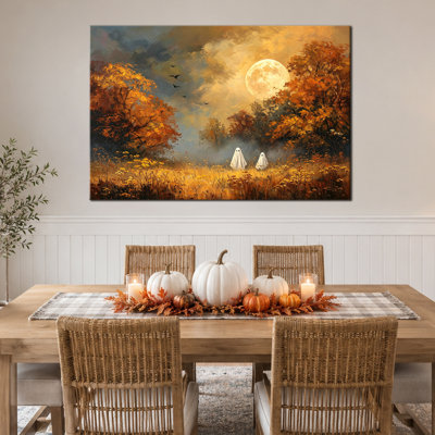 Automne, art mural d'Halloween, images fantômes, peinture fantôme en couleurs d'automne chaudes, art mural d'Halloween sur toile, art mural fantôme effrayant pour le salon, la chambre à coucher, le vestibule, le chalet décontracté, prêt à être accroché 32 po x 48 po