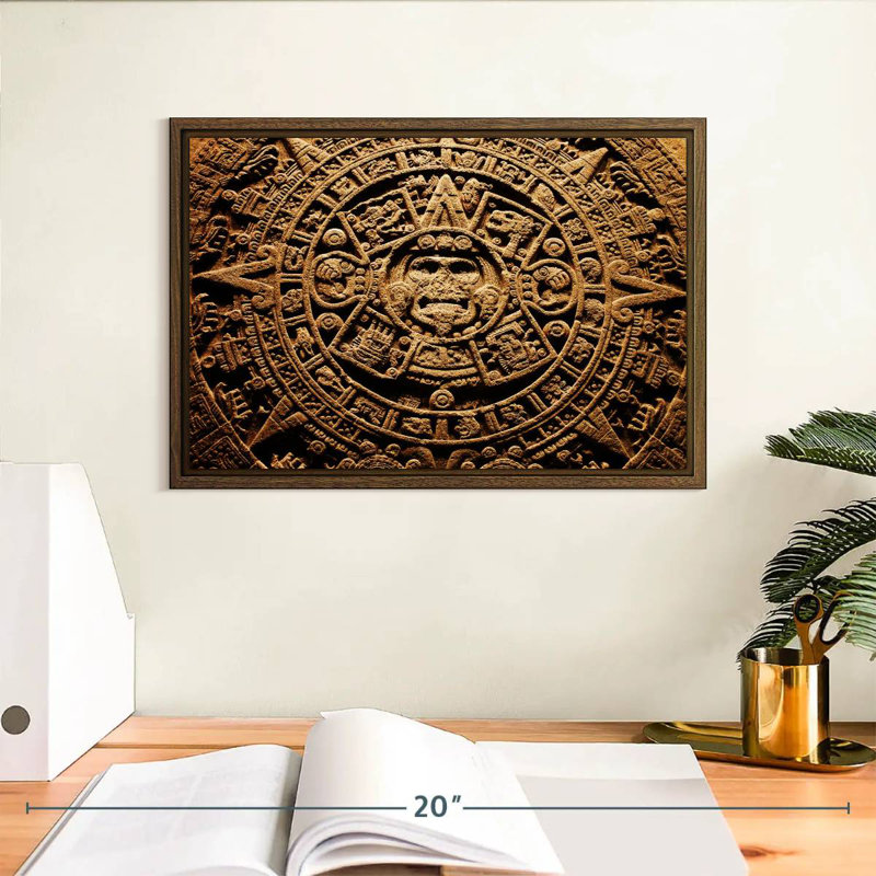 Ancien calendrier aztèque, 13 po x 9 po, Cadre flottant en noyer