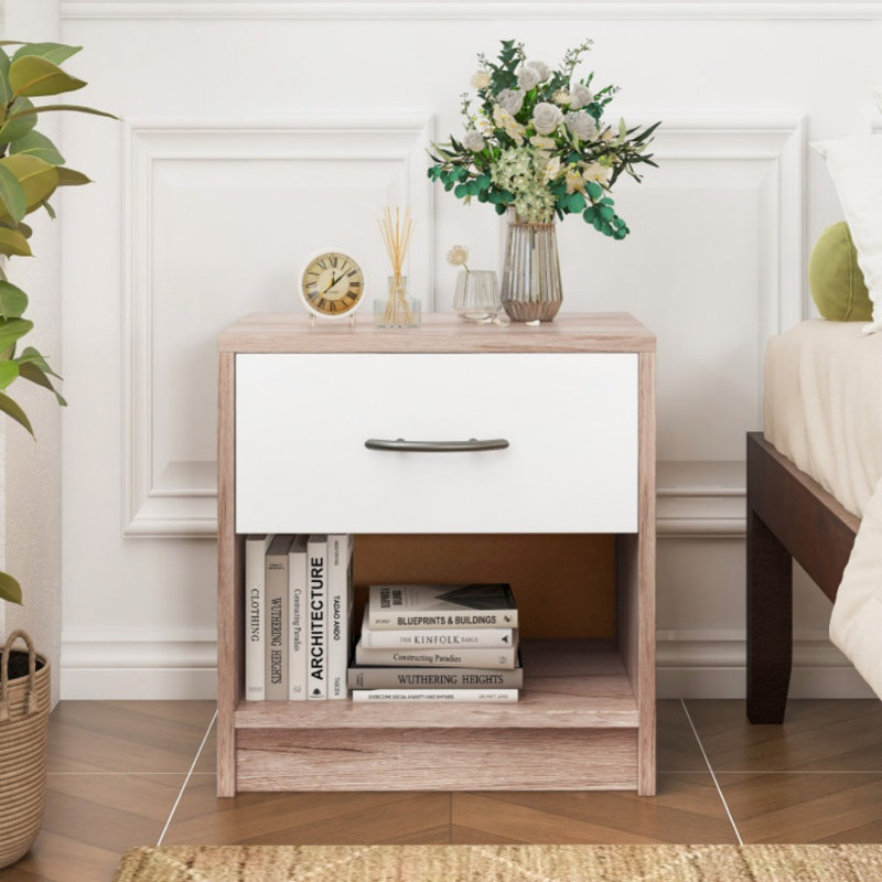 Bedside Table Nightstand with Drawer and Open Storage Shelf, White/Oak