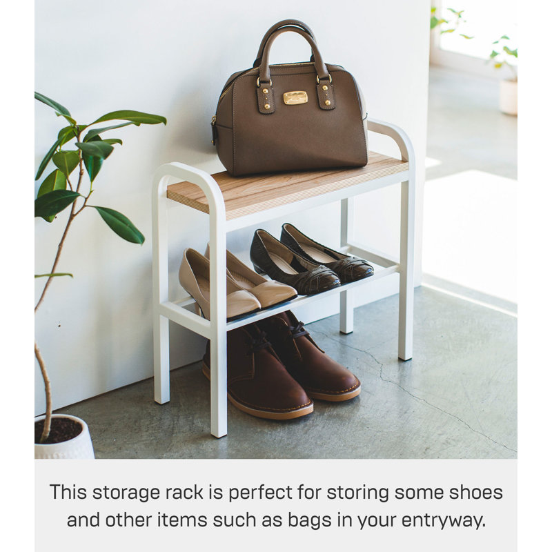 White Steel and Wood Entryway Shoe Organizer Bench with Storage