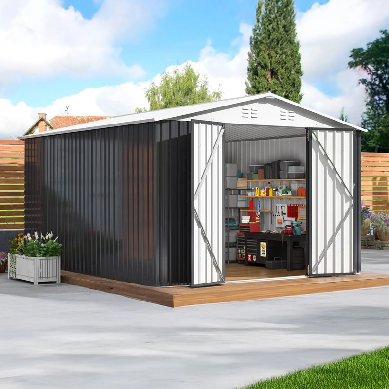 10 ft. W x 14 ft. D Outdoor Metal Shed Storage with Reinforced Steel Frame and Lockable Doors, White