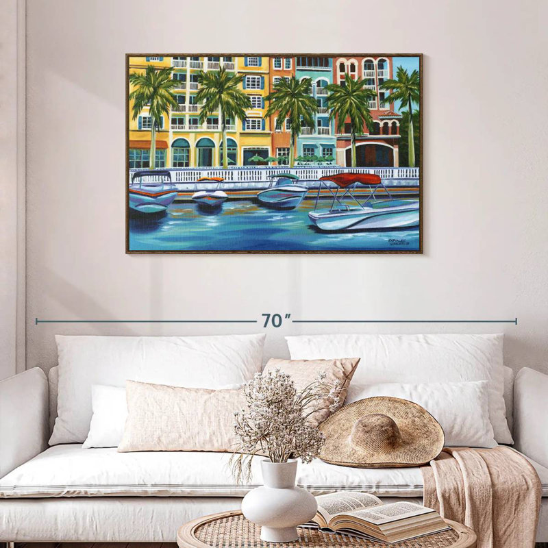 Rendez-vous tropical I, 43 po x 29 po, Cadre flottant noyer
