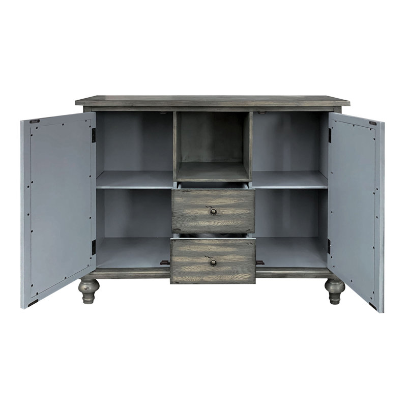 Console au fini gris patiné avec 1 compartiment de rangement ouvert