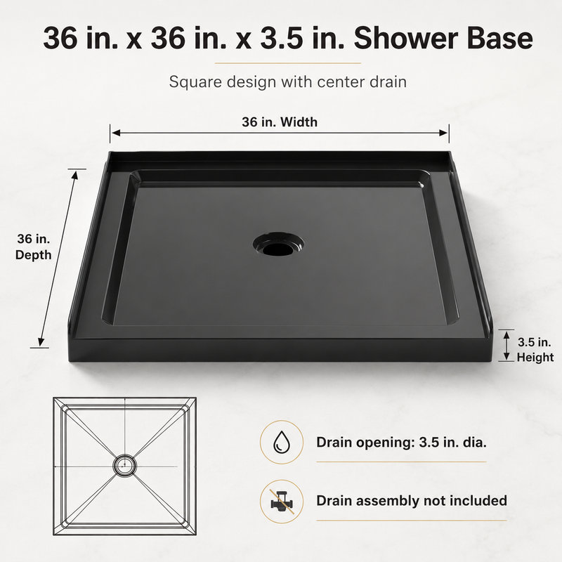 Receveur de douche en acrylique à seuil unique avec bonde centrale, dimensions : 91,4 cm (L) x 91,4 cm (P) x 8,9 cm (H)