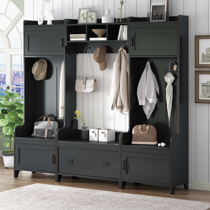 Taneiqua Hall Tree 78.7'' Wide with Bench 4-in-1 hall tree a hanging entrance shelf, a storage rack, 7 hangers and 4 lockers