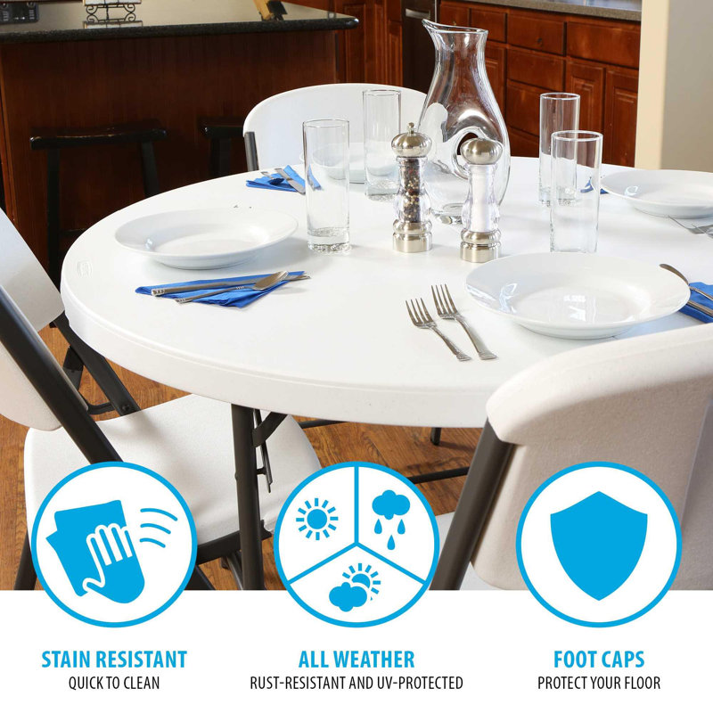 48-Inch White Granite Round Folding Patio Table with Metal Frame