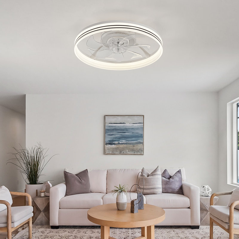 Ventilateur de plafond moderne blanc 18,8 po avec lumière à DEL à intensité variable et télécommande, ventilateur encastré à profil bas pour le salon de la chambre à coucher