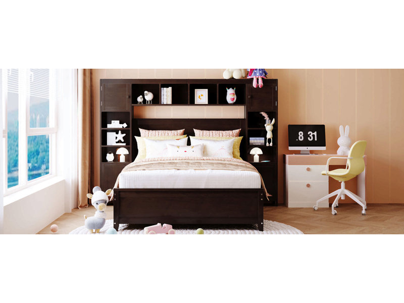 Lit double en bois avec armoire et tablette tout-en-un, Espresso