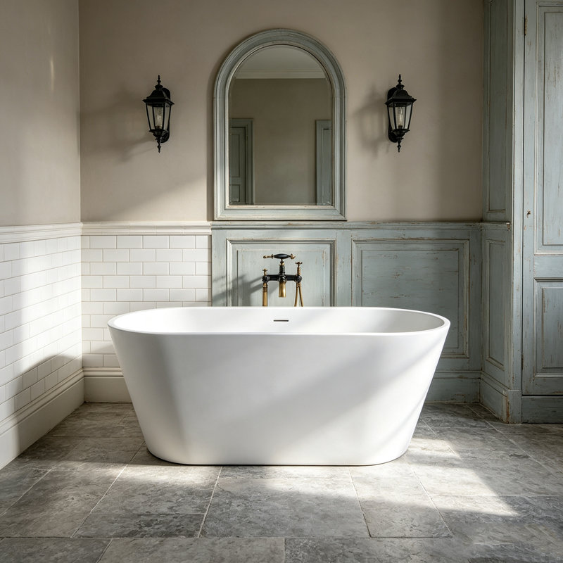 Baignoire autoportante de 160 cm (63 po) en surface solide blanche mate avec bonde