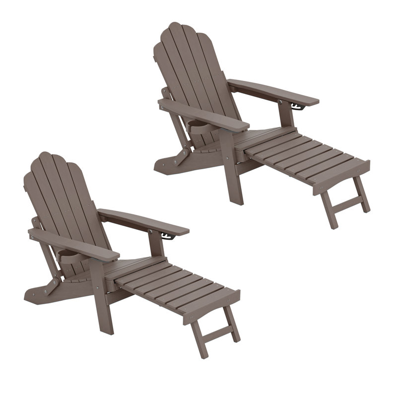 Set of 2 Folding Adirondack Chairs, All-Weather HIPS Plastic Adjustable Patio Chair with Ottoman, Outdoor Fire Pit Chair for Deck Backyard Lawn Garden