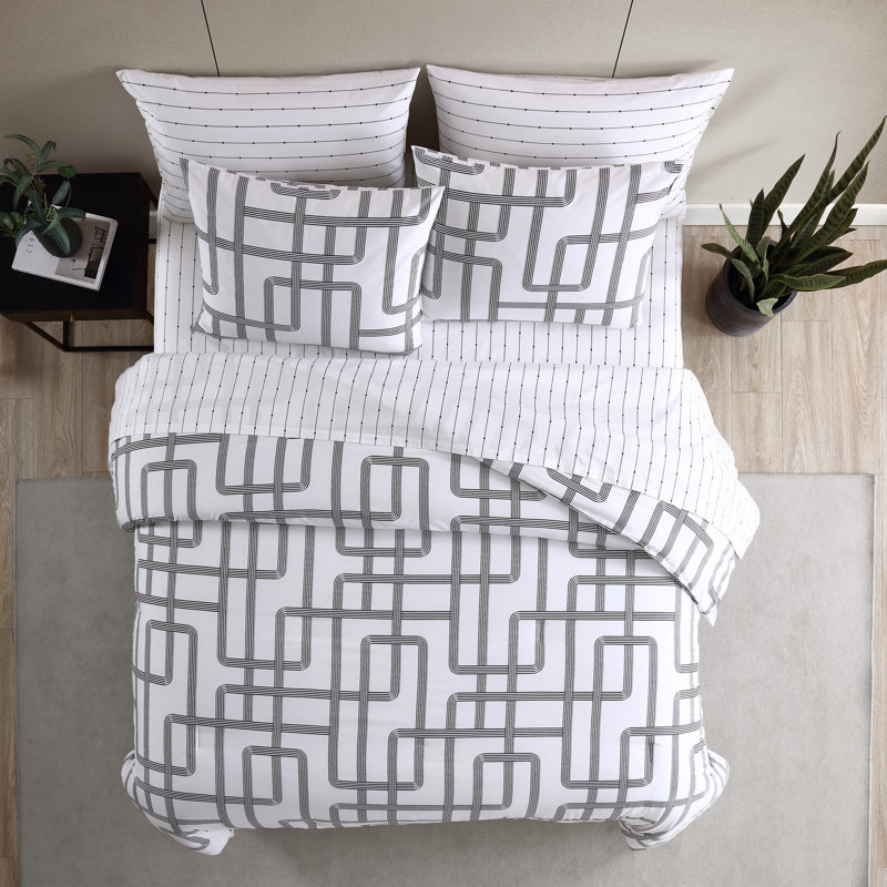 Twin White Microfiber Comforter and Sham Set with Geometric Pattern