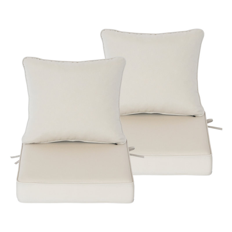 Ensemble de 2 coussins profonds d'assise et de dossier d'extérieur (48 x 48 x 10 cm), résistants aux intempéries, couleur sable. Dimensions : 48 x 48 x 10 cm.