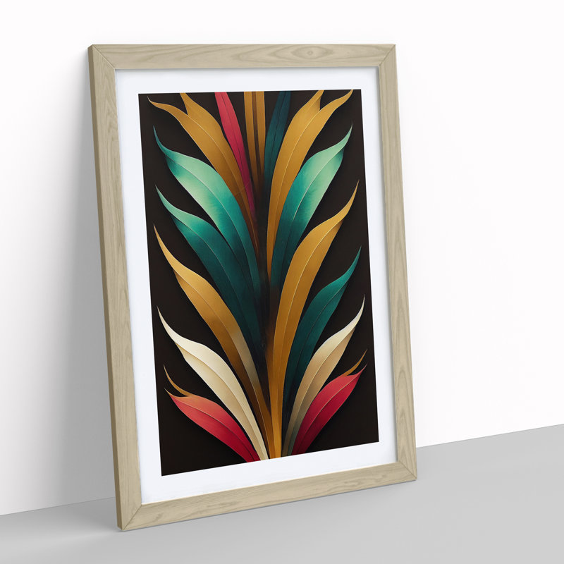 Art Deco Feather No.4 - Wall Art, 34cm H x 25cm W, Oak Framed