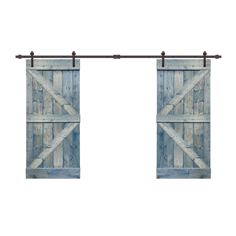 Porte de grange en panneaux de bois et métal teintés double pré-assemblé avec ensemble de quincaillerie d’installation