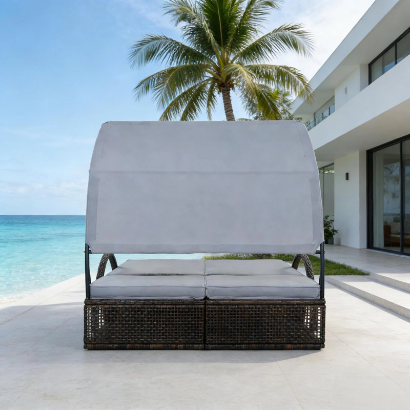 Double Outdoor Chaise Lounge Daybed With Canopy, 5-Position Adjustable Reclining Backrest With Hidden Side Table And Arched Armrests