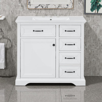 Meuble-lavabo autoportant de 36 pouces avec lavabo en céramique, portes et tiroirs à fermeture en douceur, beaucoup de rangement - Transformez votre sanctuaire de salle de bain
