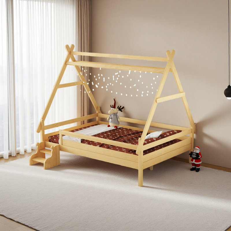 Lit plateforme House avec escalier, structure de lit en bois massif, profil bas et conception amusante pour enfants, Naturel