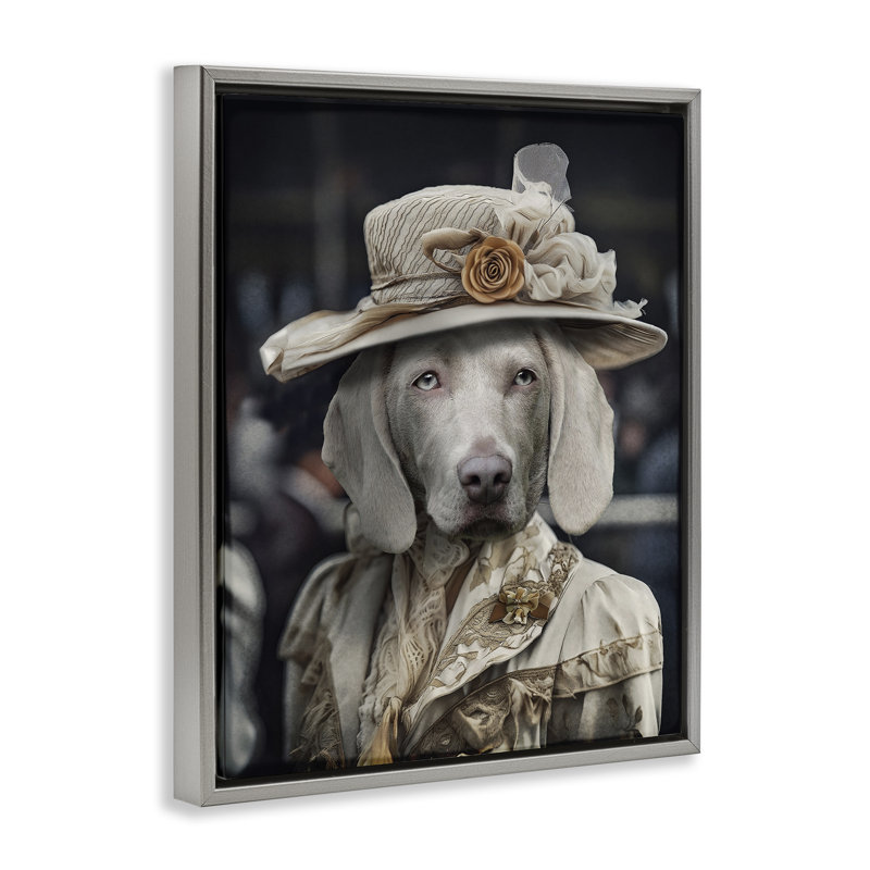 «Dog with Floral Hat» par Karen Burke, Cadre flottant gris lustré, H 31 po x l 25 po x P 1,7 po