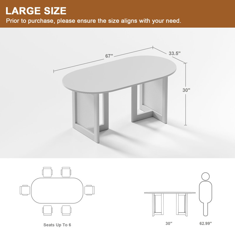 Midkiff 33.5"W×30"H Oval Dining Table Kitchen Table with Rattan Double Pedestal Base, 30"H x 67"L x 33.5"W, Natural Wood