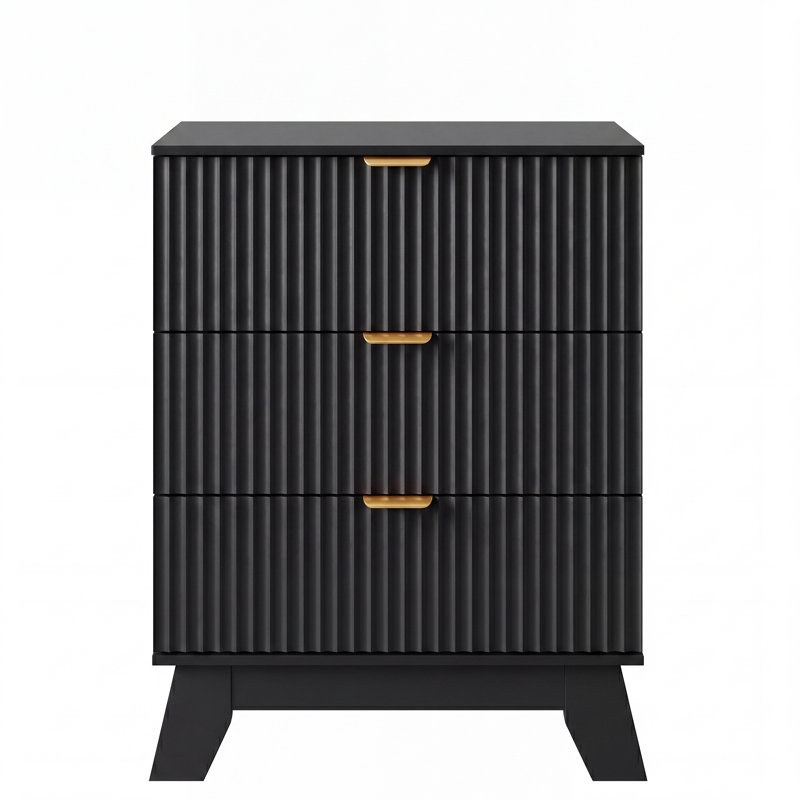 Fluted 3 -Drawers Dresser For Bedroom With Dresser Organizer, 23.6''W Wood Wide Chest of Drawers ,Nightstand, Black