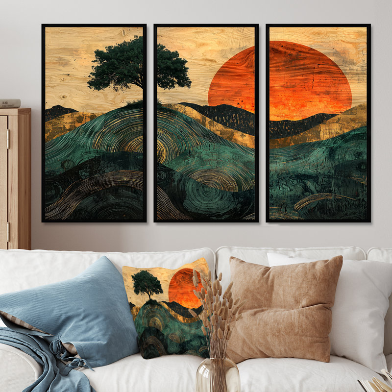 Baobab au lever du soleil avec racines d'Afrique II - art mural arbre - ensemble de 3, H 28 po x l 36 po, Noir