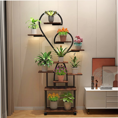 Support pour plante d'intérieur (en forme de cœur) avec lumières de croissance, tablette pour plante d'intérieur à niveaux, support pour plante à fleurs en métal, support à plante en forme de S pour la maison, patio, support à plante, support à plante d'intérieur