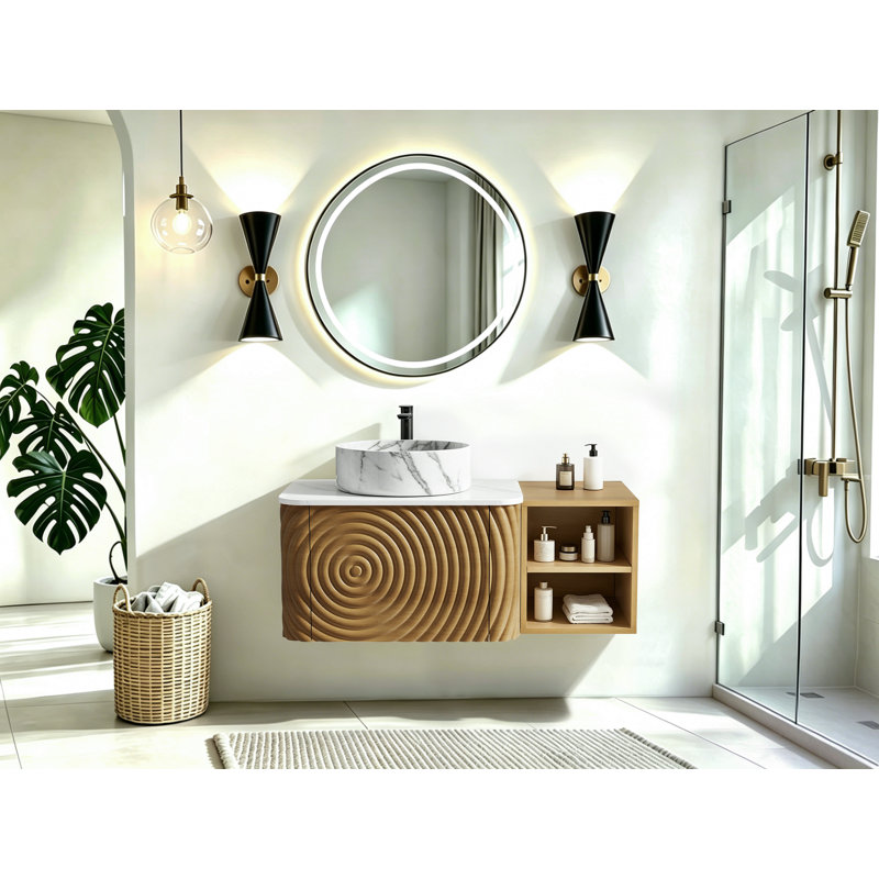 Ensemble de meuble-lavabo mural, lavabo de salle de bain flottant avec lavabo rond en céramique et armoire latérale, ensemble de meuble-lavabo texturé à ondulation d'eau pour les petits espaces, peu encombrant