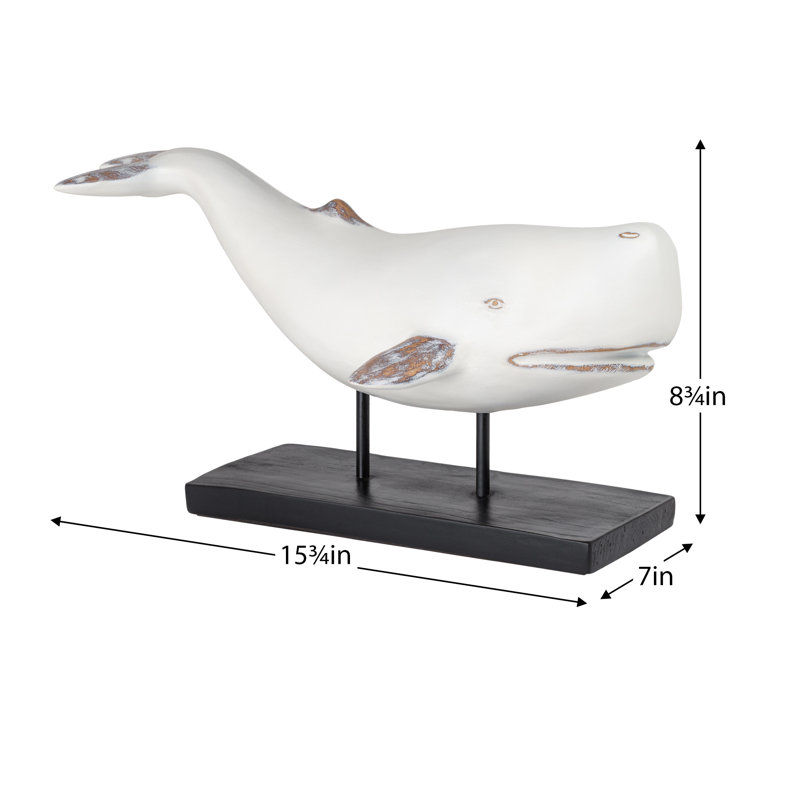 Nautical Whale Statue with Rustic Finish on Display Stand, White