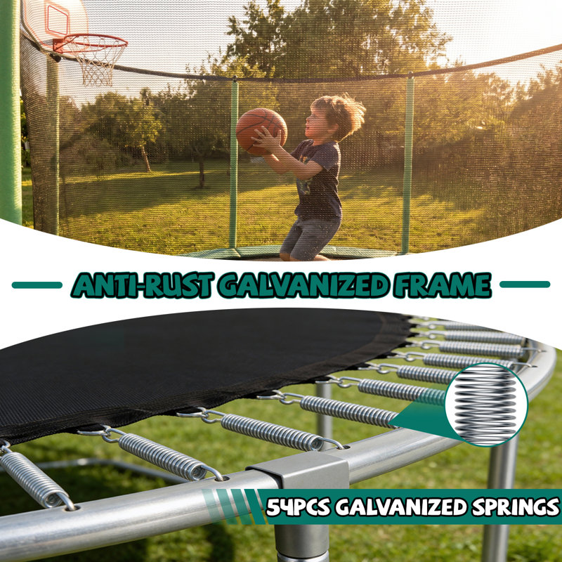 Trampoline 10 pi pour enfants, panier de basketball et échelle, trampoline pour enfants avec enceinte sécuritaire, assemblage rapide pour le plaisir dans la cour, approuvé ASTM