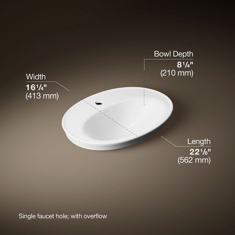 Serif Ceramic Oval Drop-In Bathroom Sink with Overflow, White, Single