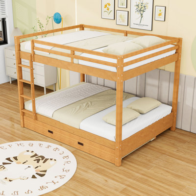 Queen Wooden Bunk Bed With Guardrails And Trundle by Harper Orchard
