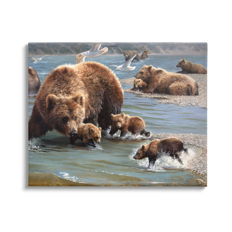 «Grizzly Bear Family pêche sur toile», H 16 po x l 20 po x P 1,5 po