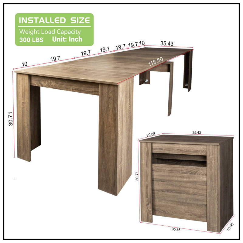 Table de salle à manger extensible, Brun, H 30,71 po x l 118,50 po x P 35,43
