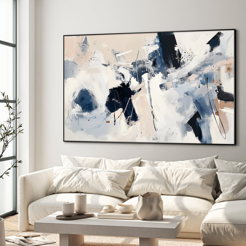 Extra Large Wall Art Fabric Print - Bold Black Blue Abstract Expressionist Style Artwork Decor for Living Room or Bedroom - "Frame Assembly Required (Unfinished Frame)"