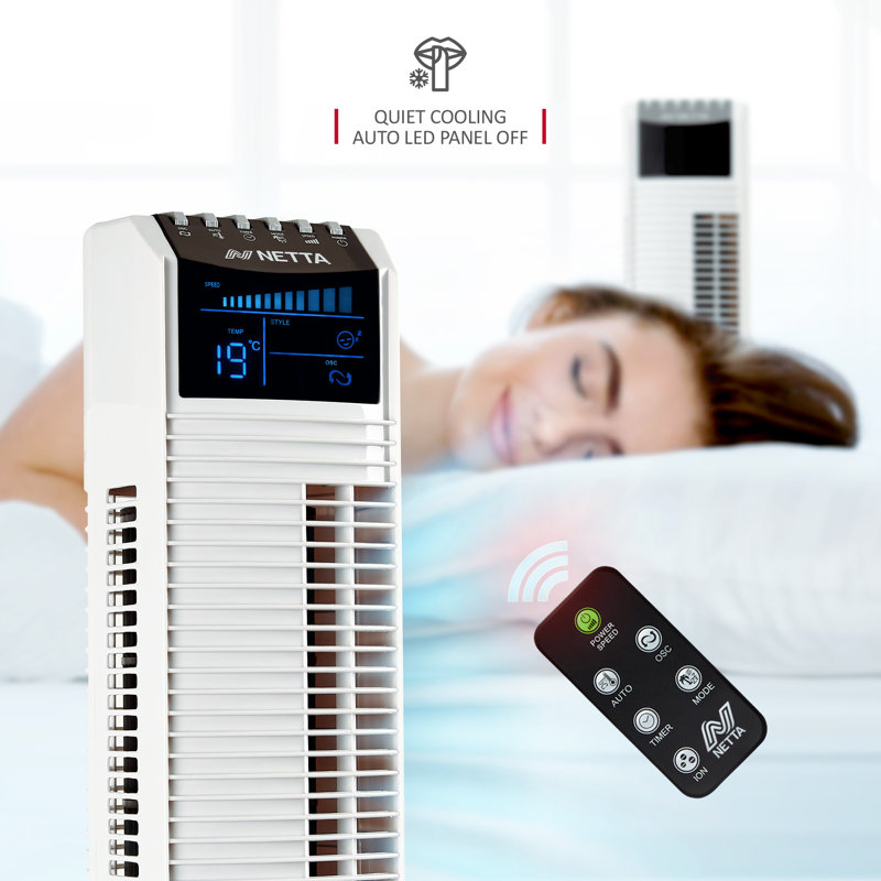 NETTA Tower Fan, 36 Inch Oscillating With Remote Control, LED Display, 3 Speed Settings With Timer, White