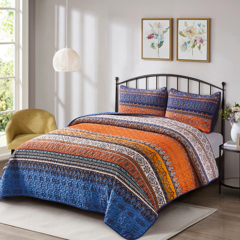 Set of 3 Boho Bohemian Quilt Set Lightweight Reversible Microfiber Bedspread Coverlet All Season Bed Decor, Blue/Orange