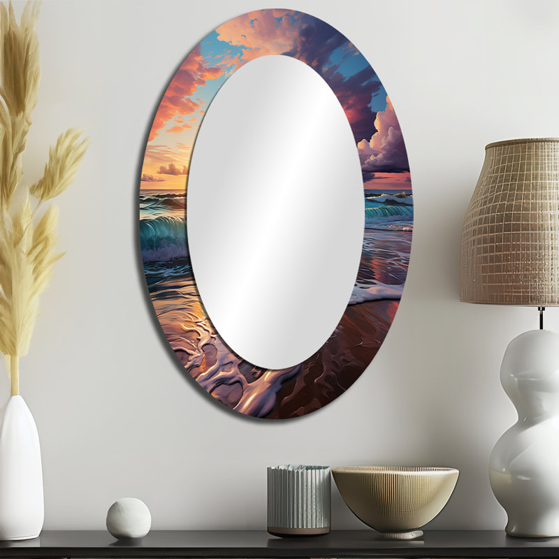 Sunset Horizon II - Miroir décoratif ovale côtier sur métal, 36 po x 24 po