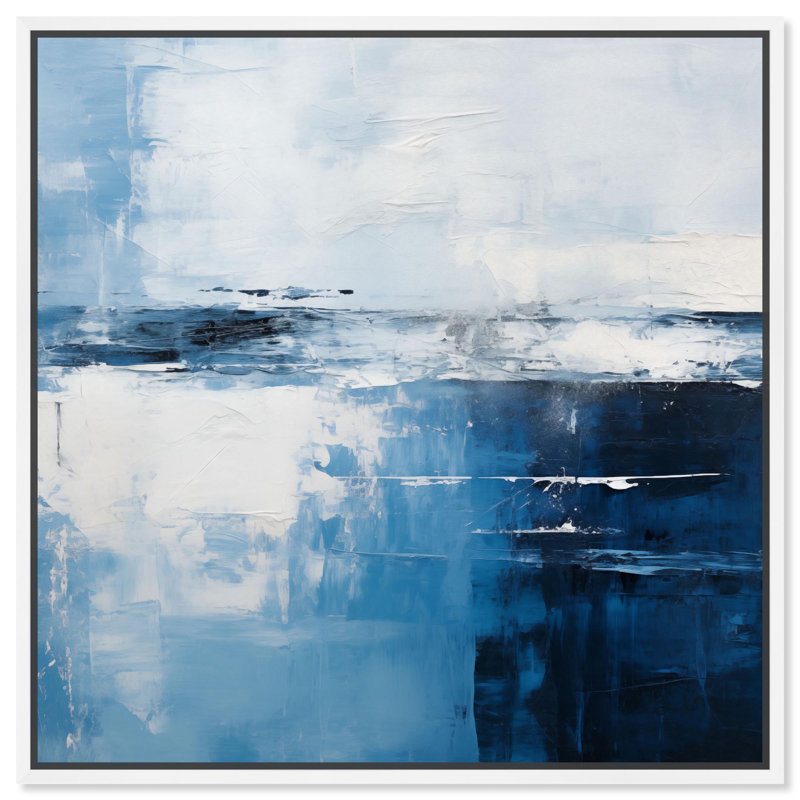 Layers of Blue Canvas, art abstrait bleu par Art Remedy, H 41 po x l 41 po, Blanc, Cadre flottant