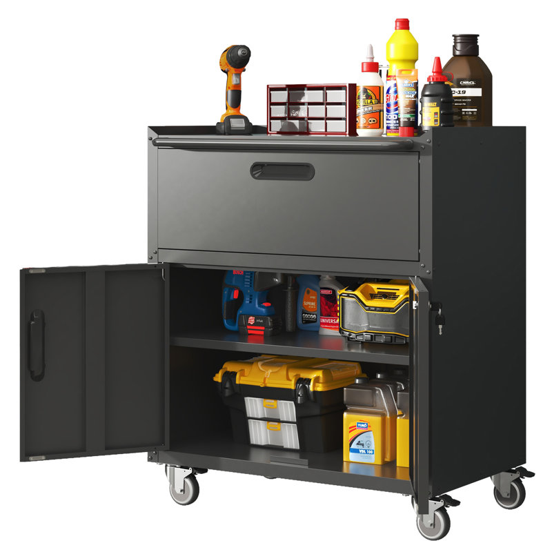 Armoire à outils en métal robuste et durable pour le garage avec roues - Armoire de rangement mobile robuste avec 1 tiroir et 2 portes verrouillables, armoire de rangement à outils roulante, noir et gris