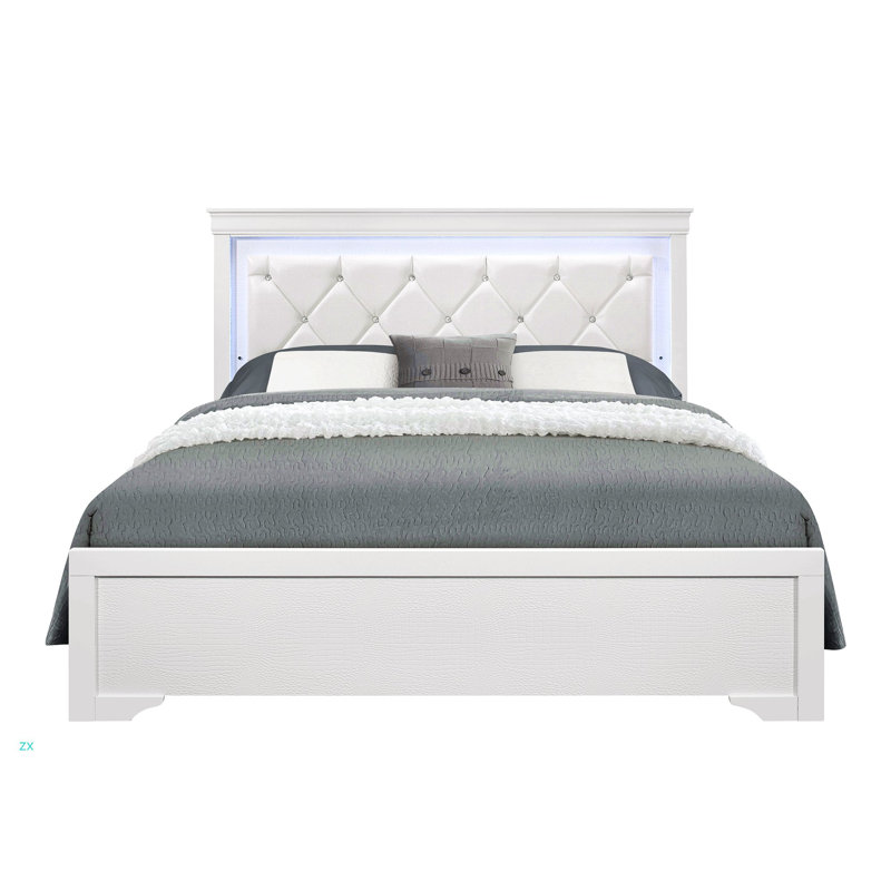 QUEEN BED WITH LED Glamorous Crystal-Inspired Tufted Bed, White, Queen