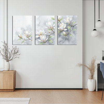 Ensemble de 3 tableaux aquarelles de fleurs de magnolia sur toile tendue, pour la décoration du salon, de la chambre et de la maison.