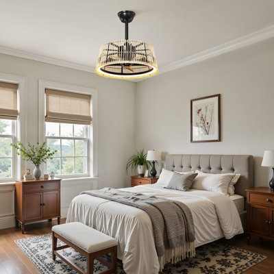 Ventilateur de plafond intelligent en rotin bohème de 50 cm avec lumière DEL et télécommande, moteur CC réversible pour chambre ou salon