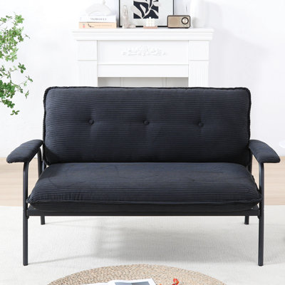 Canapé 2 places noir de 135 cm (53 pouces) avec motif rayé moderne, dossier boutonné, tissu mélangé, facile à installer pour 2 personnes, structure métallique robuste, idéal pour se détendre.