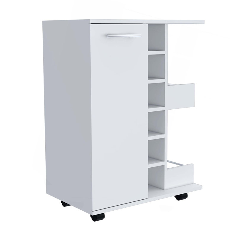 Tennessee Bar Cart,One Cabinet With Division,Six Cubbies For Liquor,Two Shelves, White